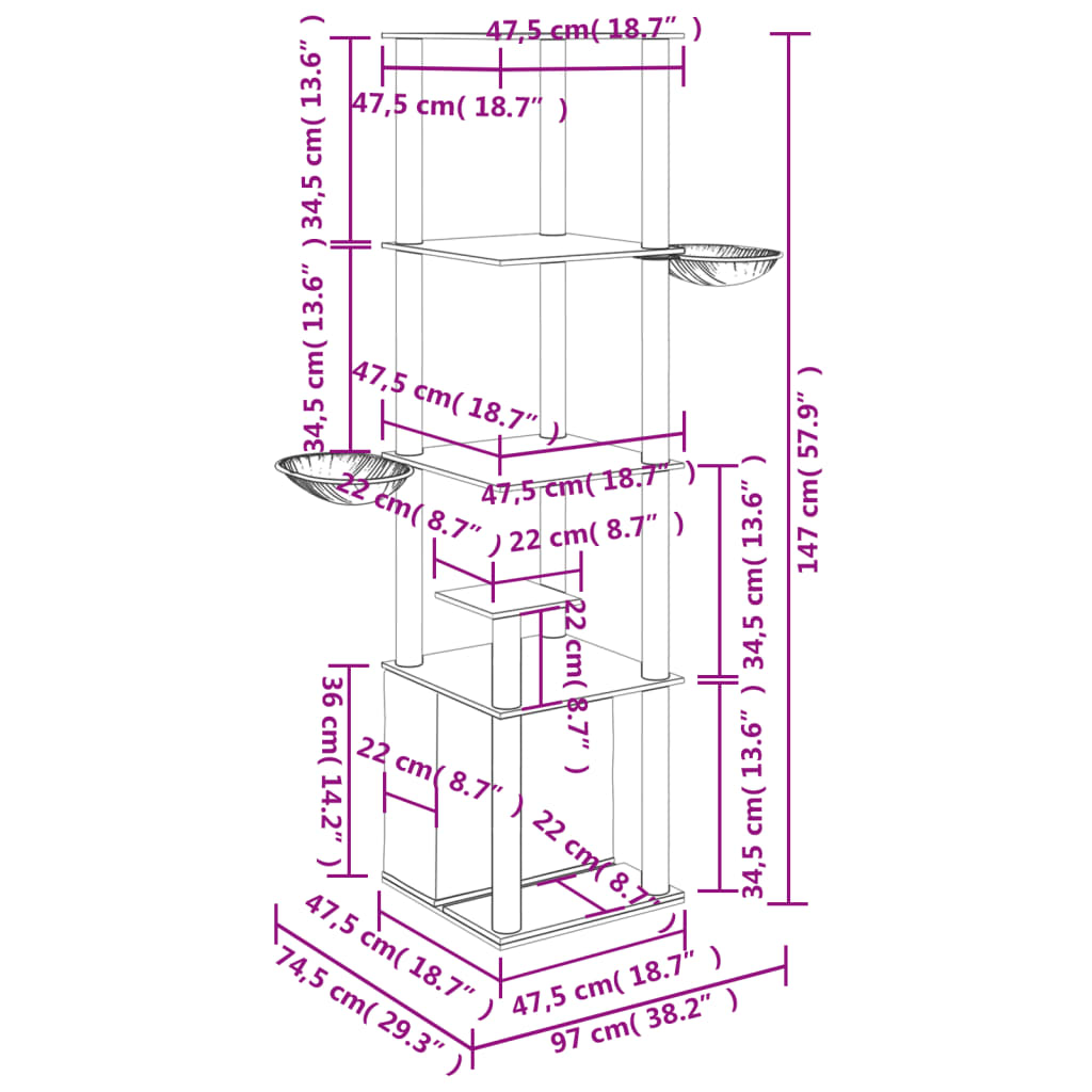 vidaXL Drapak dla kota z sizalowymi słupkami, kremowy, 147 cm