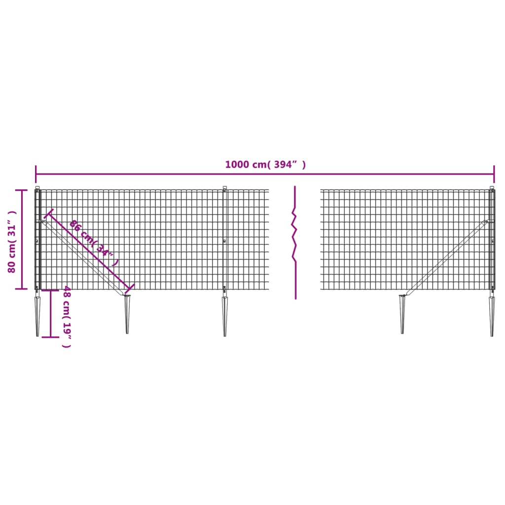 vidaXL Ogrodzenie z siatki, z kotwami, zielone, 0,8x10 m