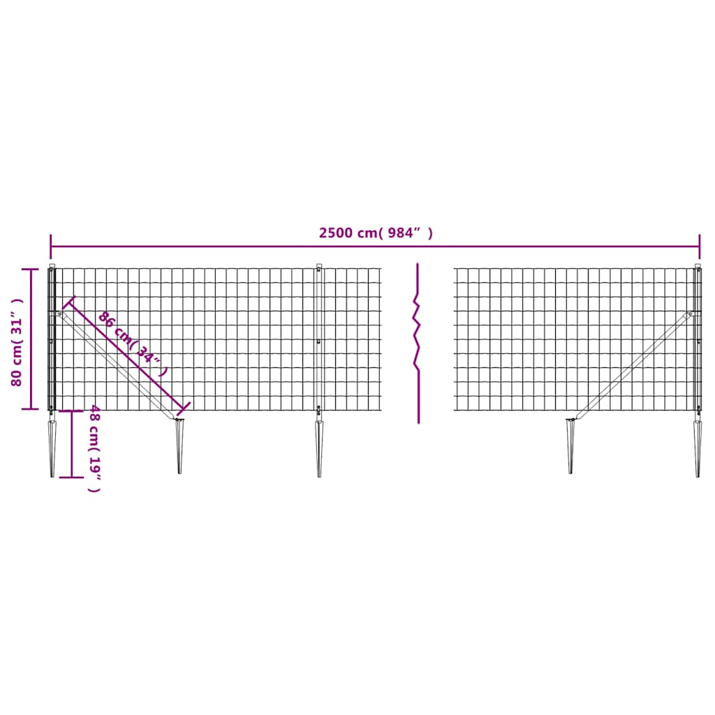 vidaXL Ogrodzenie z siatki, z kotwami, zielone, 0,8x25 m