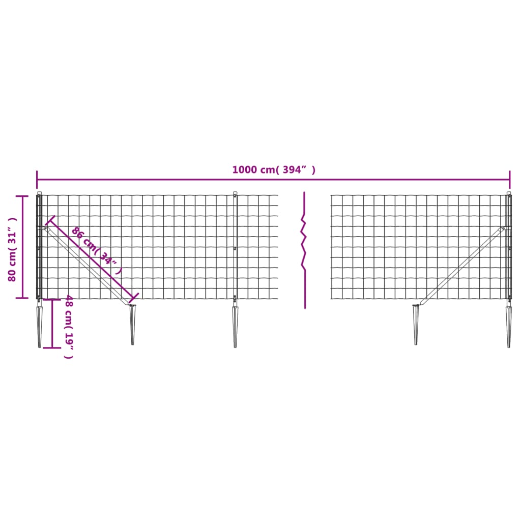 vidaXL Ogrodzenie z siatki, z kotwami, zielone, 0,8x10 m