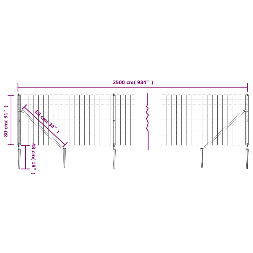 vidaXL Ogrodzenie z siatki, z kotwami, zielone, 0,8x25 m