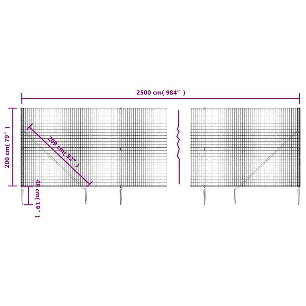 vidaXL Ogrodzenie z siatki, z kotwami, antracytowe, 2x25 m