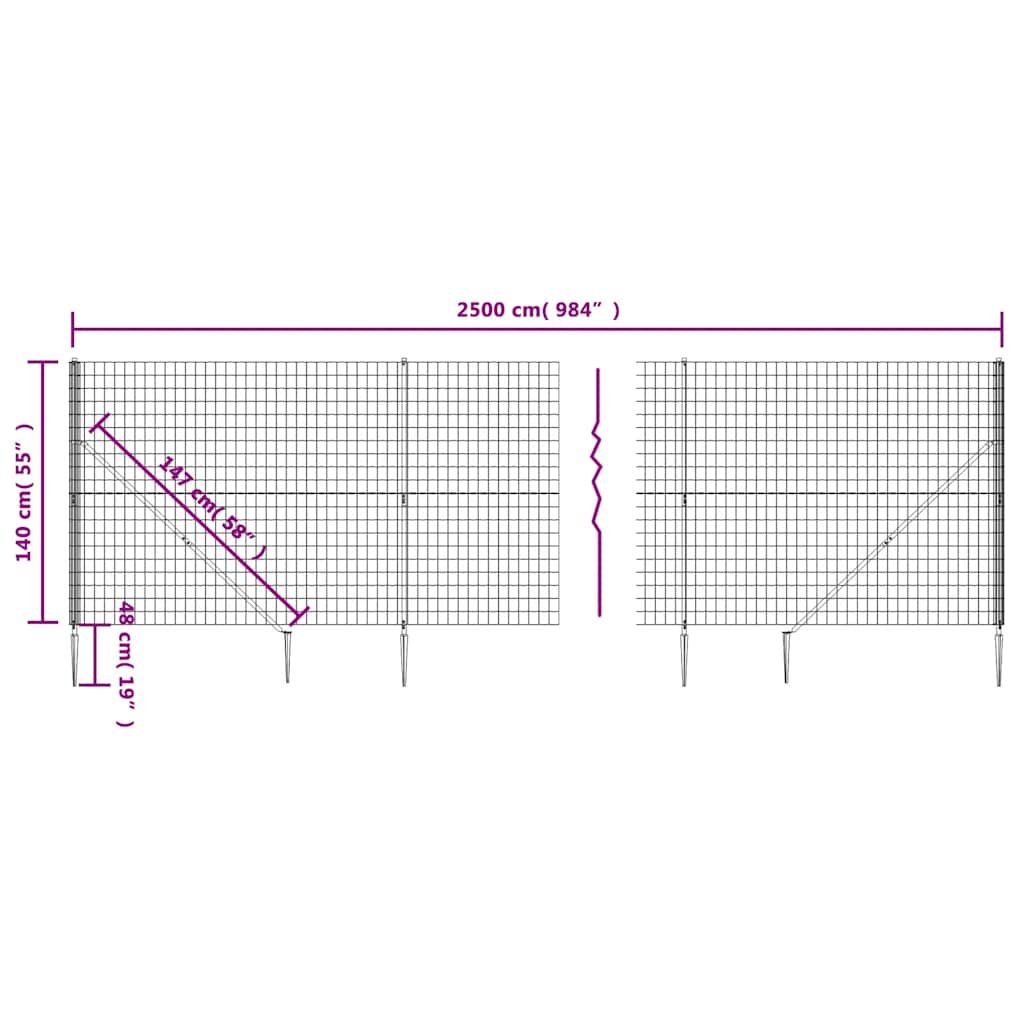 vidaXL Ogrodzenie z siatki, z kotwami, antracytowe, 1,4x25 m