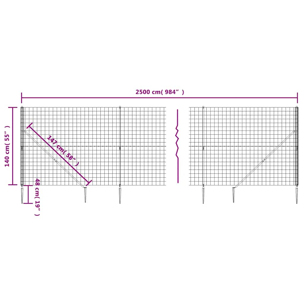 vidaXL Ogrodzenie z siatki, z kotwami, antracytowe, 1,4x25 m