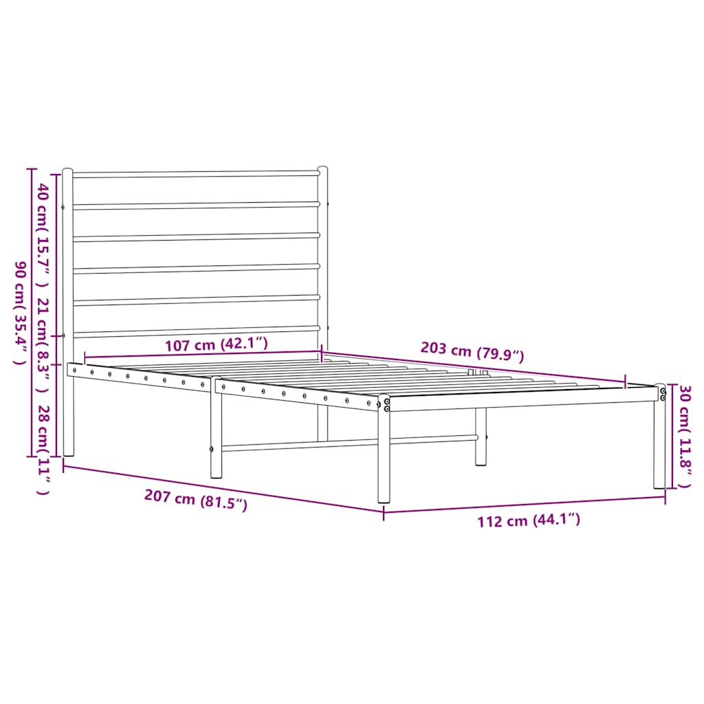 vidaXL Metalowa rama łóżka z wezgłowiem, czarna, 107x203 cm