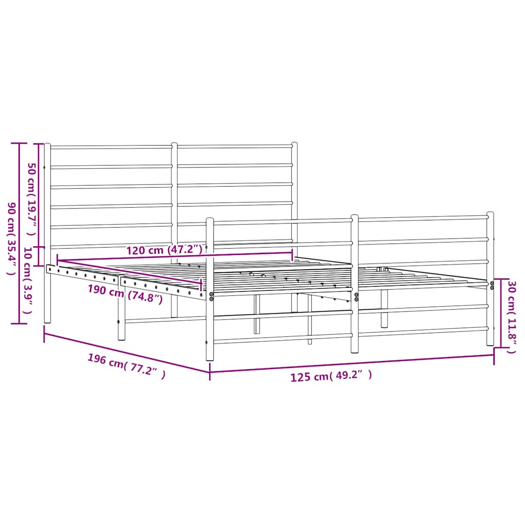 vidaXL Metalowa rama łóżka z wezgłowiem i zanóżkiem, czarna, 120x190cm