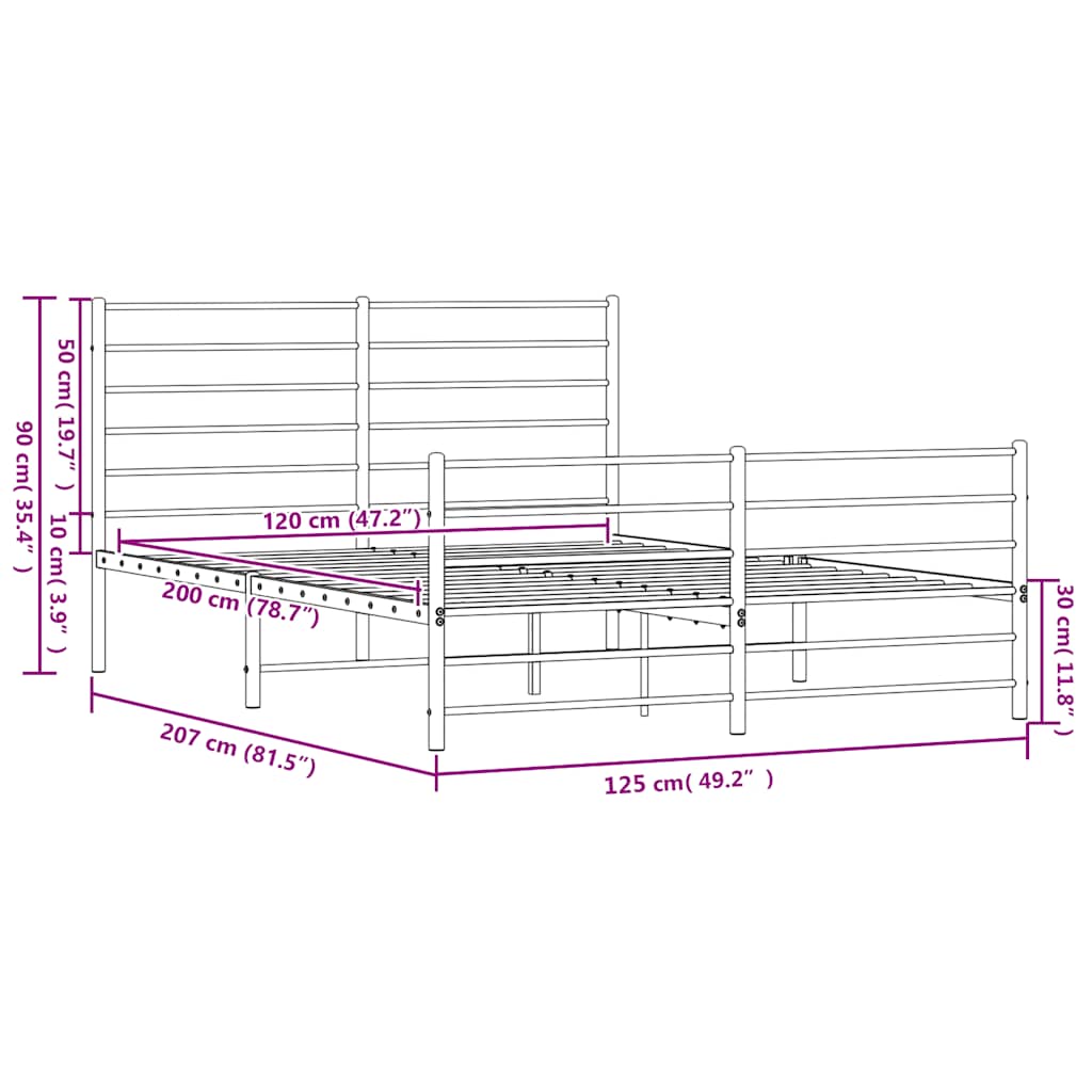 vidaXL Metalowa rama łóżka z wezgłowiem i zanóżkiem, czarna, 120x200cm