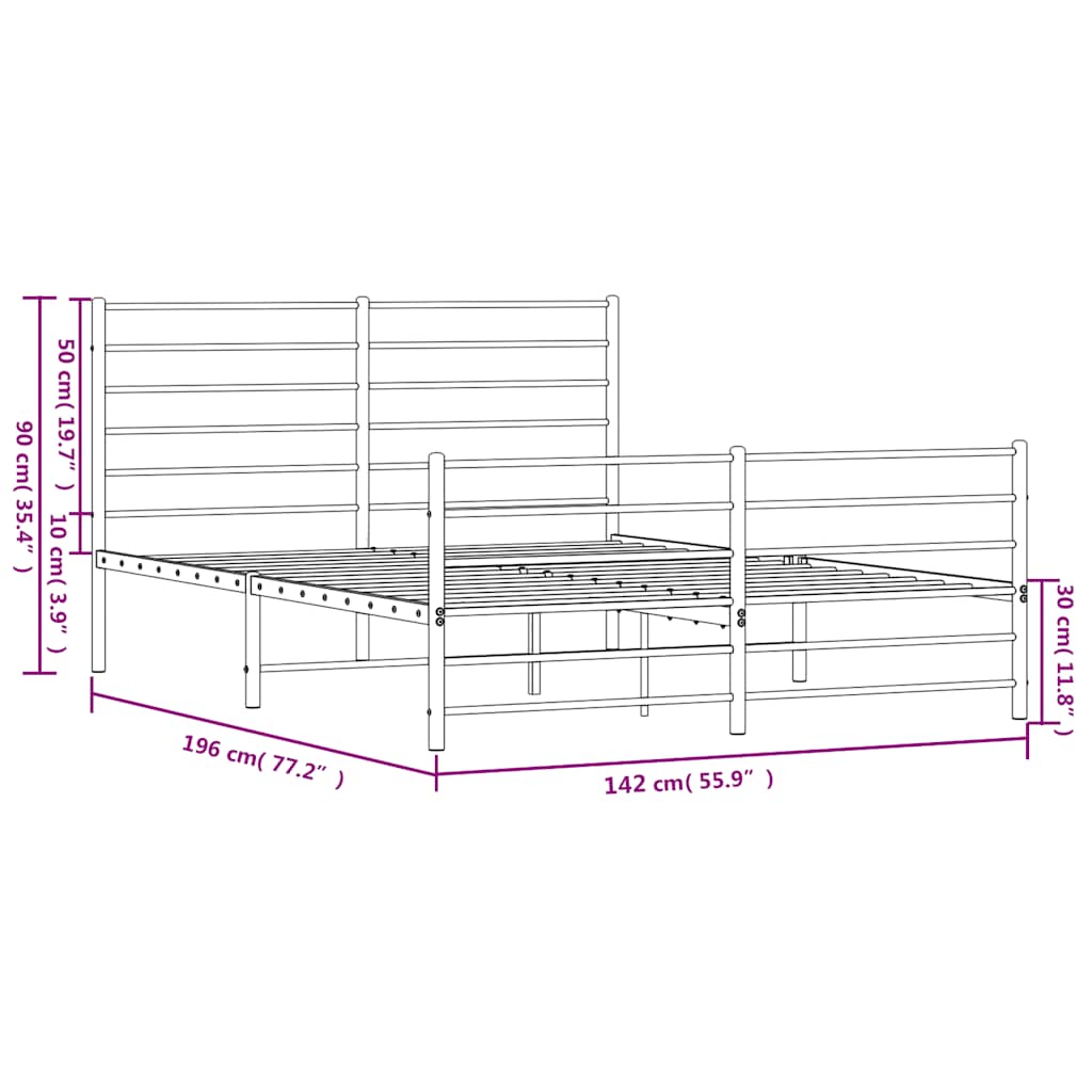 vidaXL Metalowa rama łóżka z wezgłowiem i zanóżkiem, czarna, 135x190cm