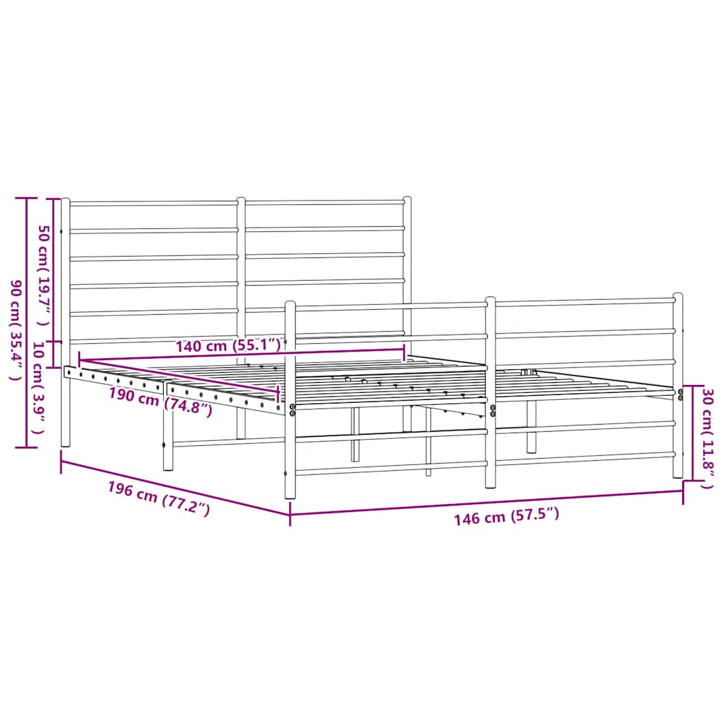 vidaXL Metalowa rama łóżka z wezgłowiem i zanóżkiem, czarna, 140x190cm