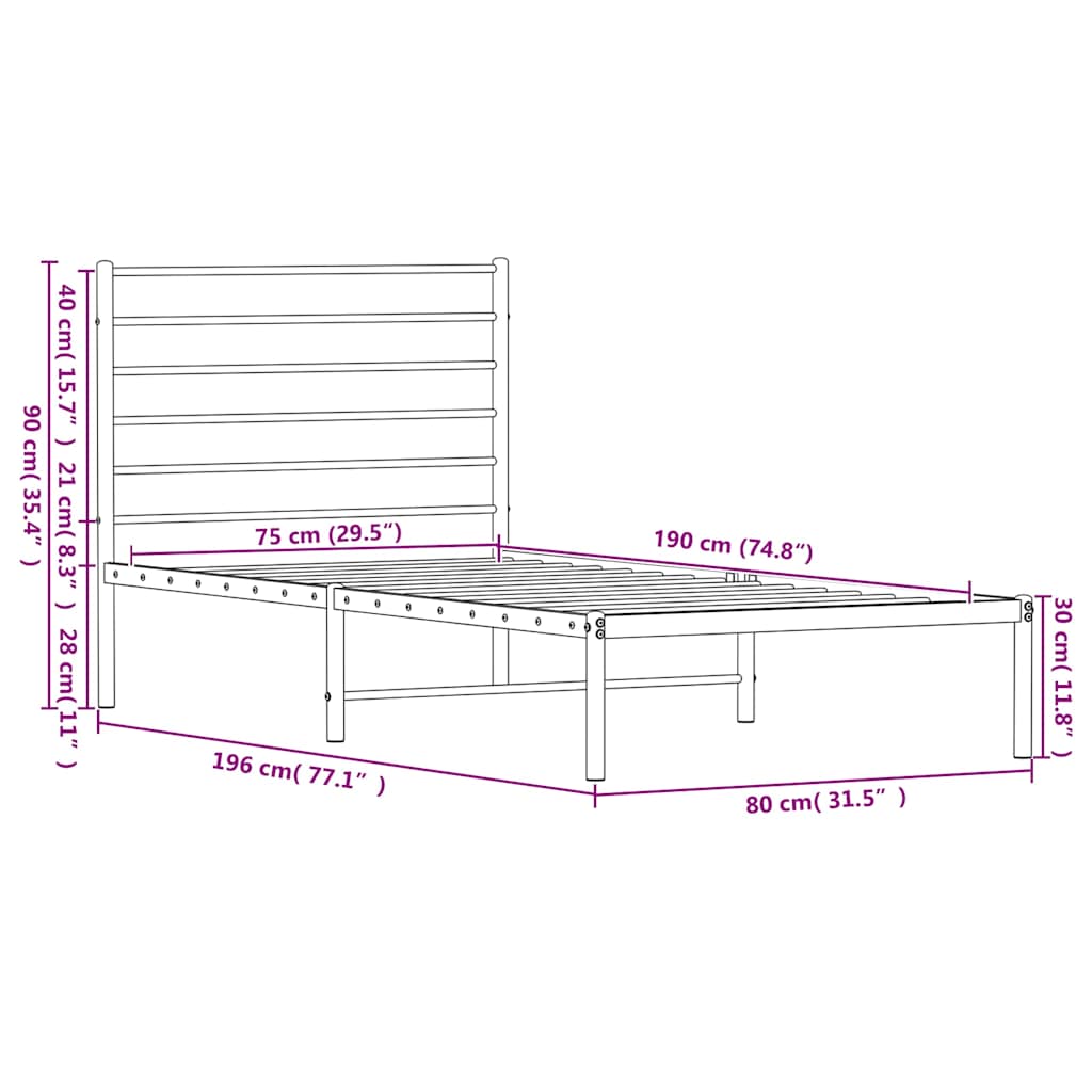 vidaXL Metalowe łóżko z wezgłowiem, bez materaca, białe, 75x190 cm