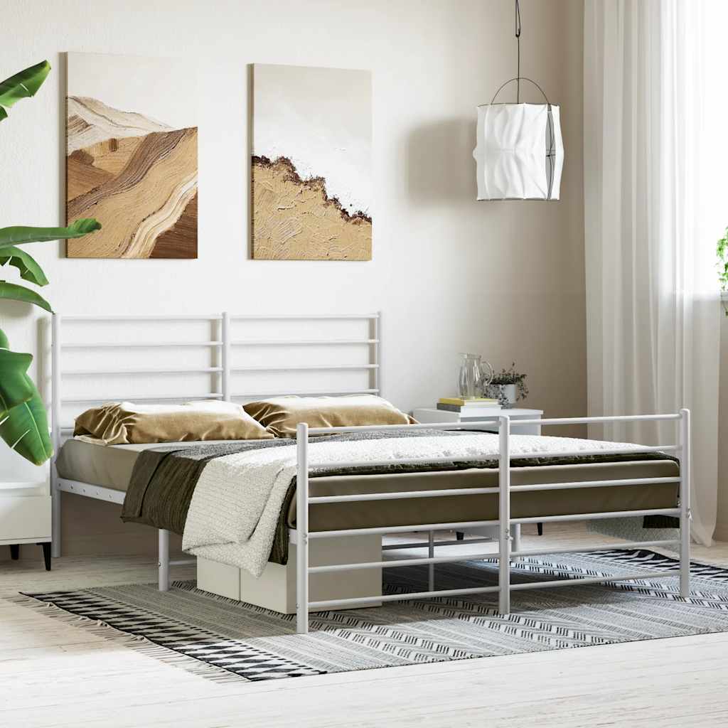 vidaXL Metalowa rama łóżka z wezgłowiem i zanóżkiem, biała, 120x200 cm