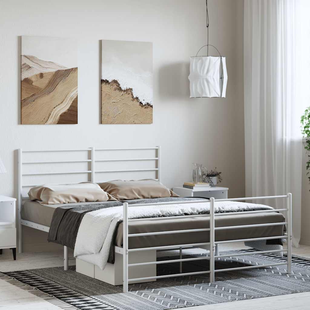 vidaXL Metalowa rama łóżka z wezgłowiem i zanóżkiem, biała, 150x200 cm