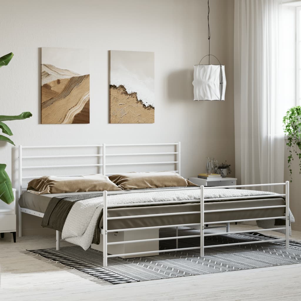 vidaXL Metalowa rama łóżka z wezgłowiem i zanóżkiem, biała, 200x200 cm