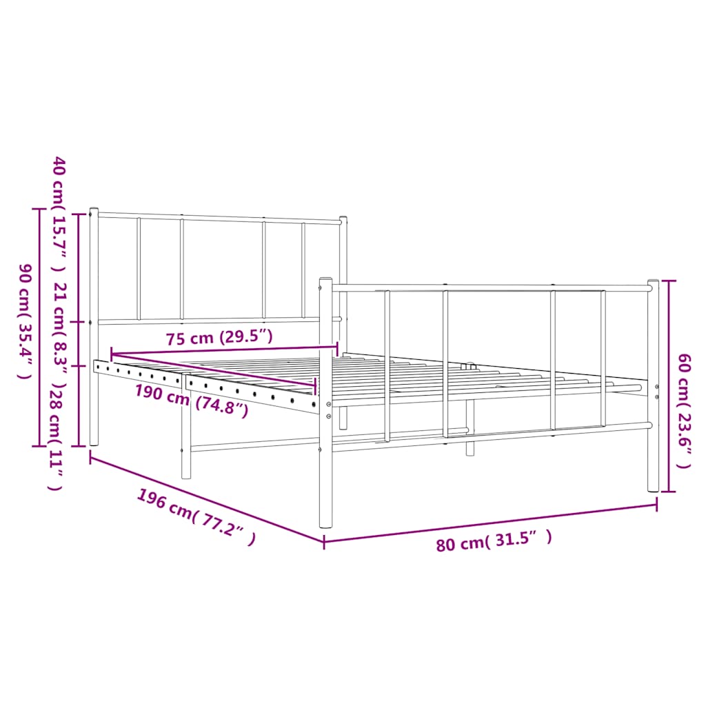 vidaXL Metalowa rama łóżka z wezgłowiem i zanóżkiem, czarna, 75x190 cm
