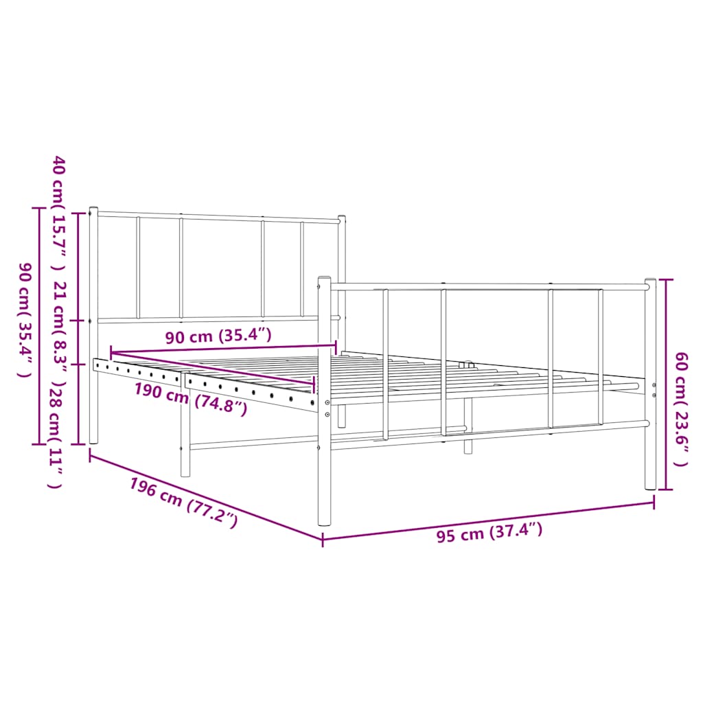 vidaXL Metalowa rama łóżka z wezgłowiem i zanóżkiem, czarna, 90x190 cm