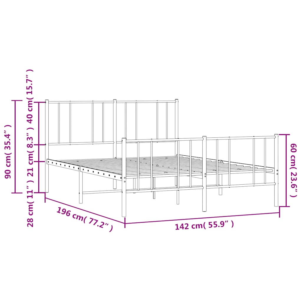 vidaXL Metalowa rama łóżka z wezgłowiem i zanóżkiem, czarna, 135x190cm