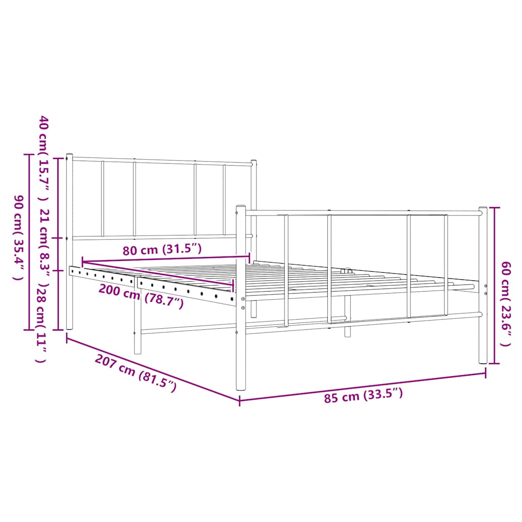 vidaXL Metalowa rama łóżka z wezgłowiem i zanóżkiem, biała, 80x200 cm