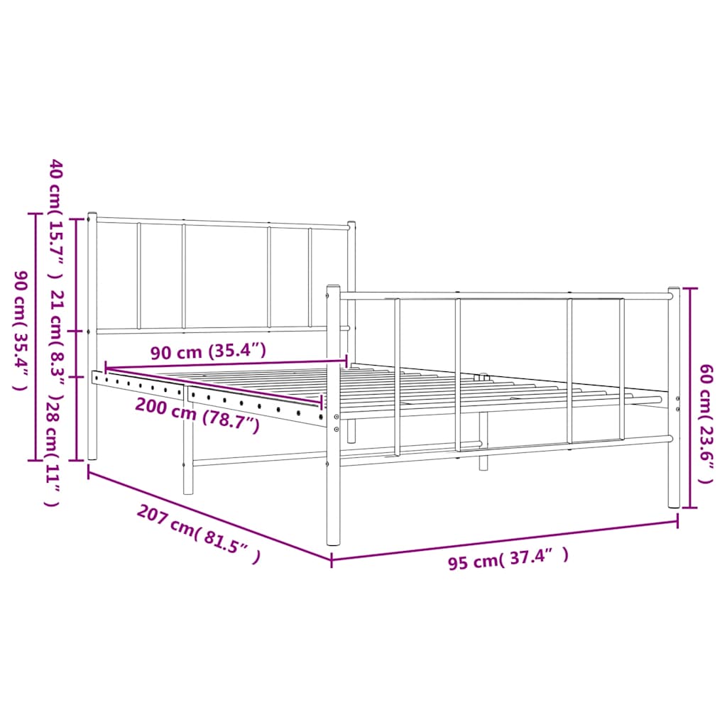 vidaXL Metalowa rama łóżka z wezgłowiem i zanóżkiem, biała, 90x200 cm
