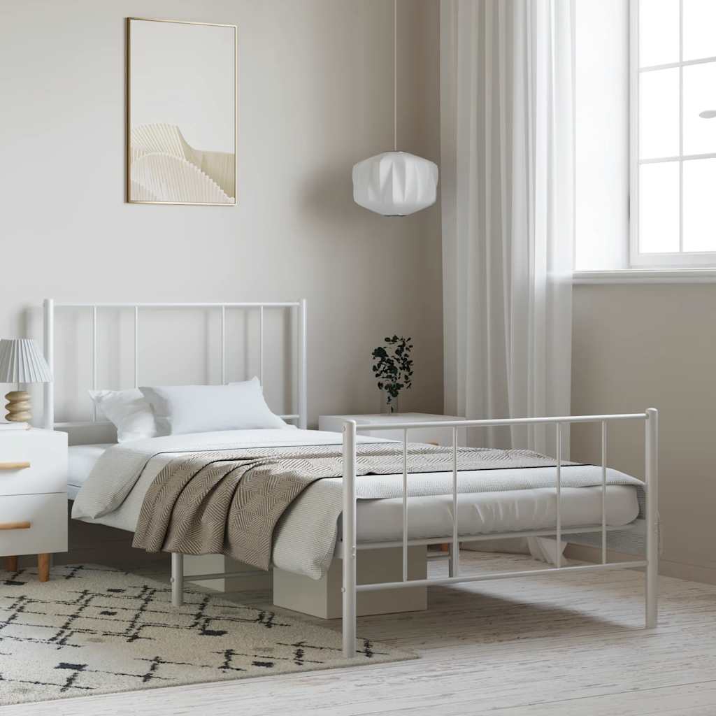 vidaXL Metalowa rama łóżka z wezgłowiem i zanóżkiem, biała, 100x200 cm
