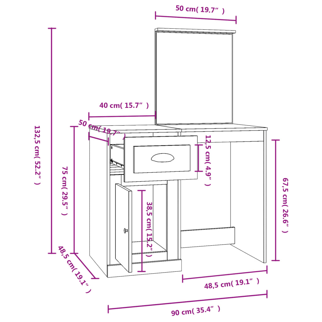 vidaXL Toaletka z lustrem, czarna, 90x50x132,5 cm