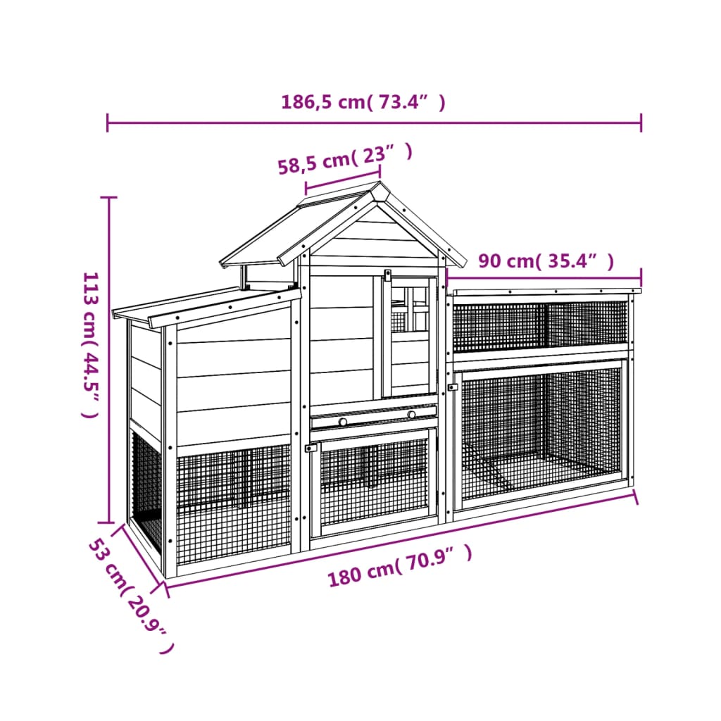 vidaXL Kurnik, szary, 186,5x58,5x113 cm, lite drewno sosnowe