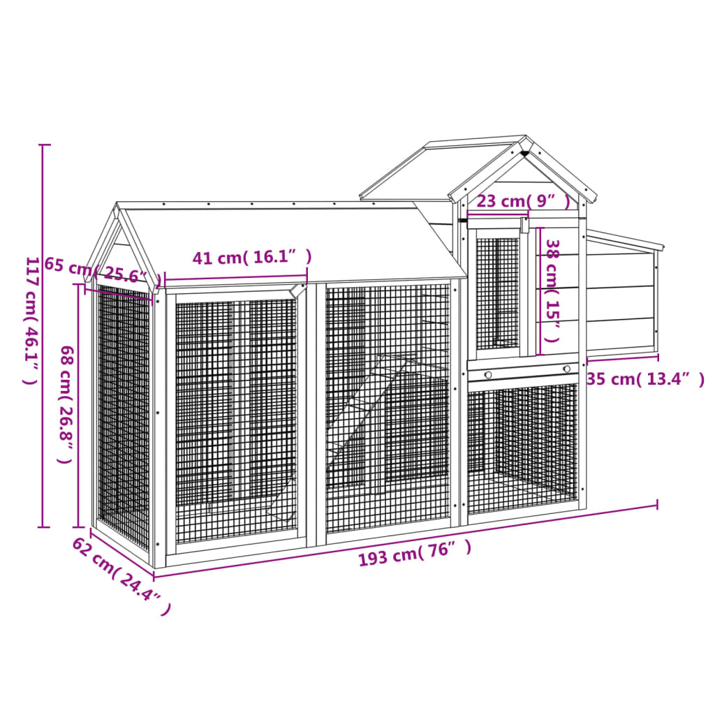 vidaXL Kurnik, szary, 193x65x117 cm, lite drewno sosnowe