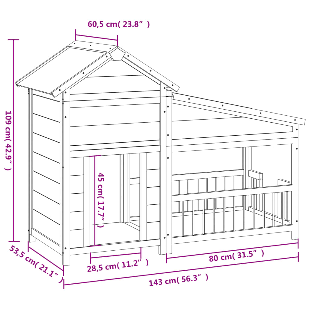 vidaXL Buda dla psa, szara, 143x60,5x109 cm, drewno sosnowe