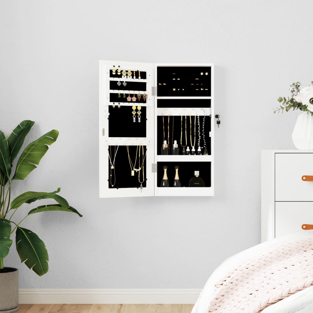 vidaXL Wisząca szafka na biżuterię, z lustrem, biała, 30x8,5x67 cm