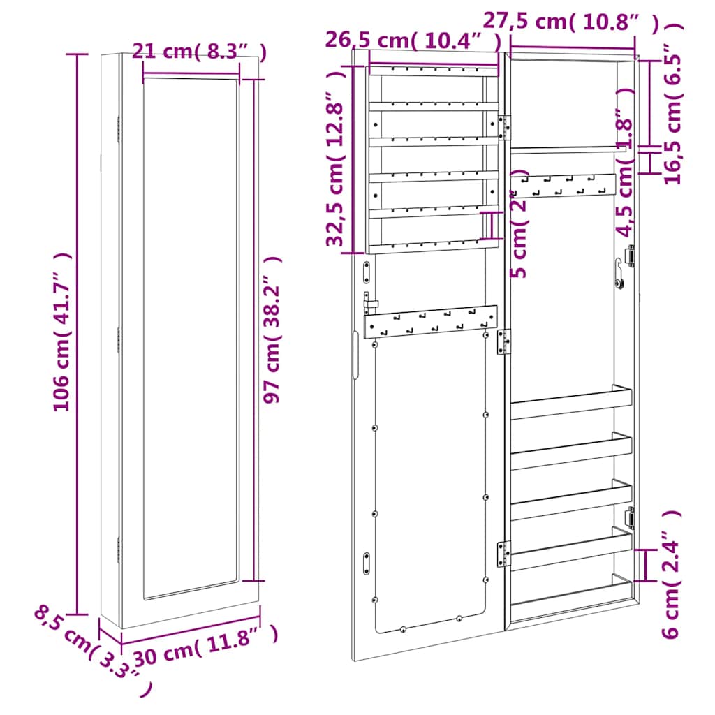 vidaXL Wisząca szafka na biżuterię, z lustrem, biała, 30x8,5x106 cm