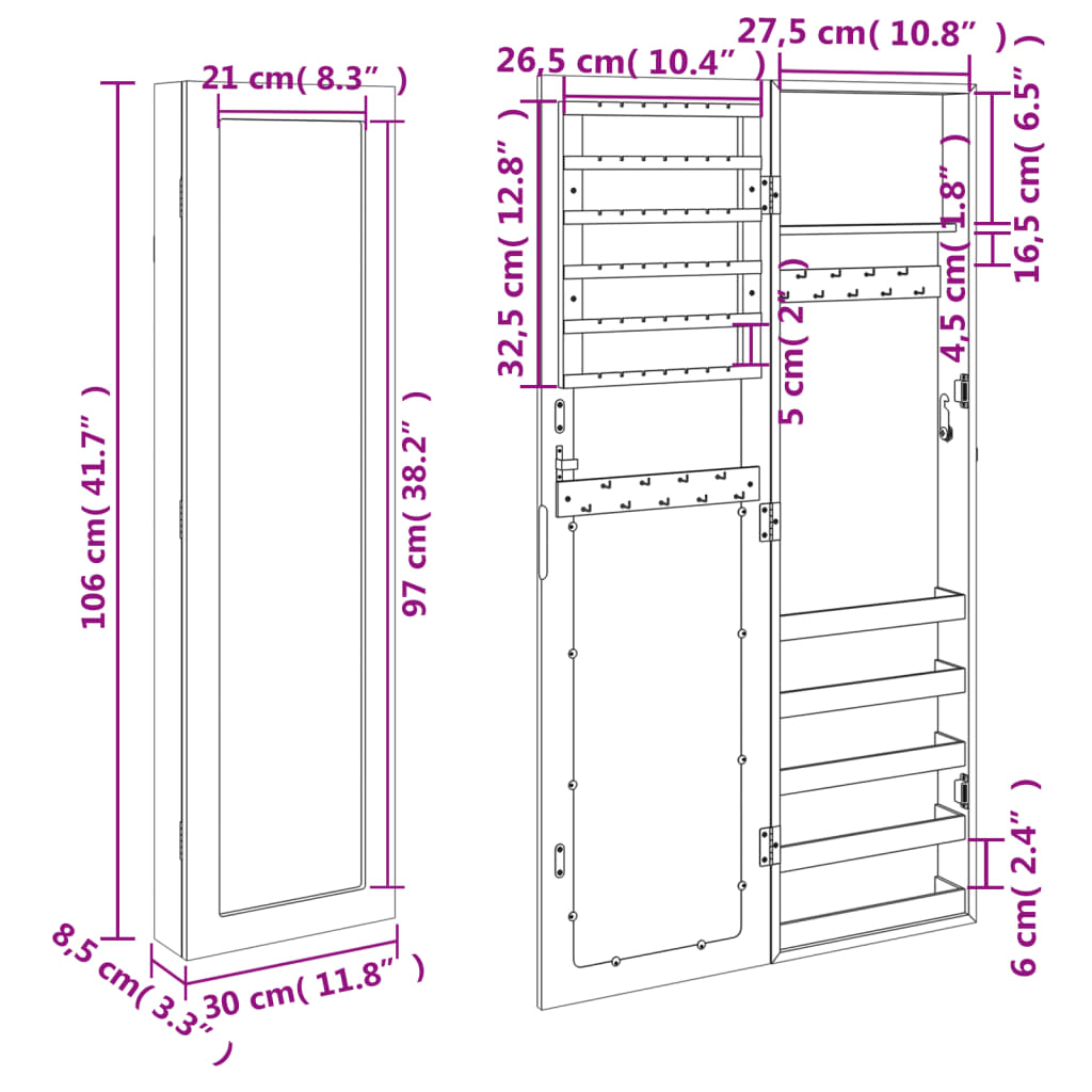 vidaXL Wisząca szafka na biżuterię, z lustrem, 30x8,5x106 cm