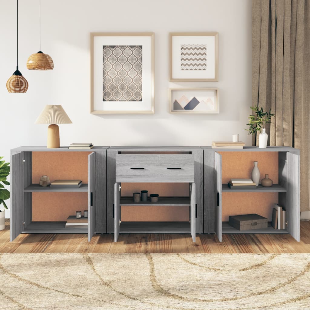 vidaXL Szafki, 3 szt., szary dąb sonoma, materiał drewnopochodny
