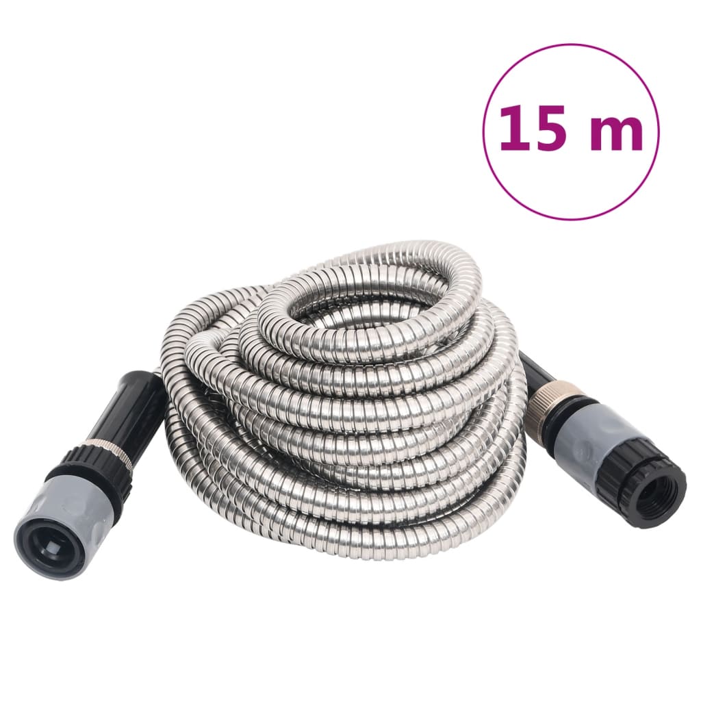 vidaXL Wąż ogrodowy z dyszą zraszającą, srebrny, 0,6", 15 m, stal