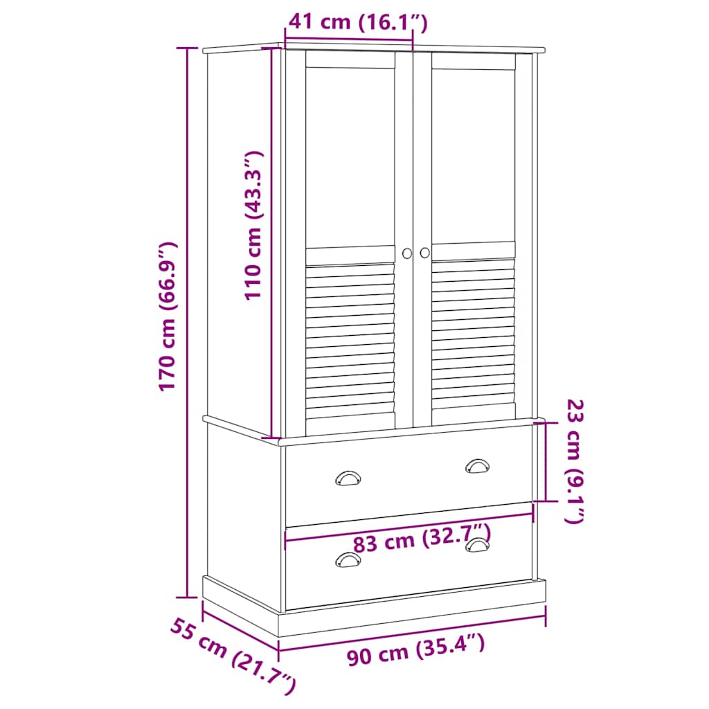 vidaXL Szafa VIGO, 90x55x170 cm, lite drewno sosnowe