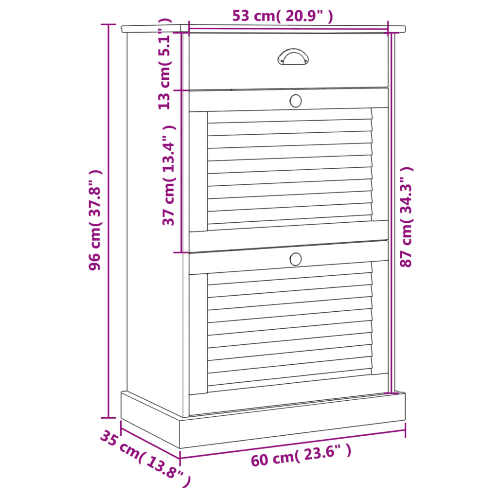 vidaXL Szafka na buty VIGO, 60x35x96 cm, lite drewno sosnowe