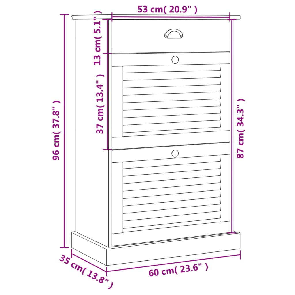 vidaXL Szafka na buty VIGO, 60x35x96 cm, szara, lite drewno sosnowe