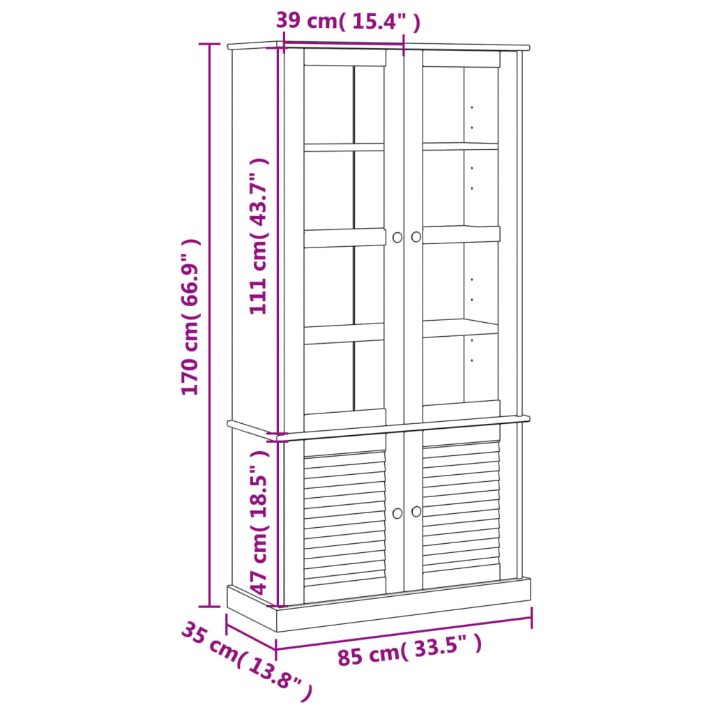 vidaXL Witryna VIGO, 85x35x170 cm, lite drewno sosnowe