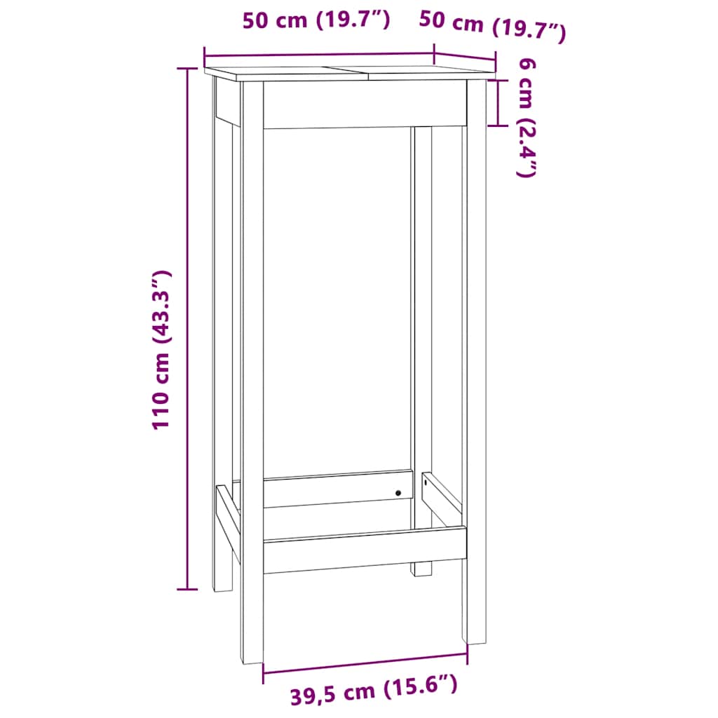 vidaXL Stolik barowy, 50x50x110 cm, lite drewno sosnowe