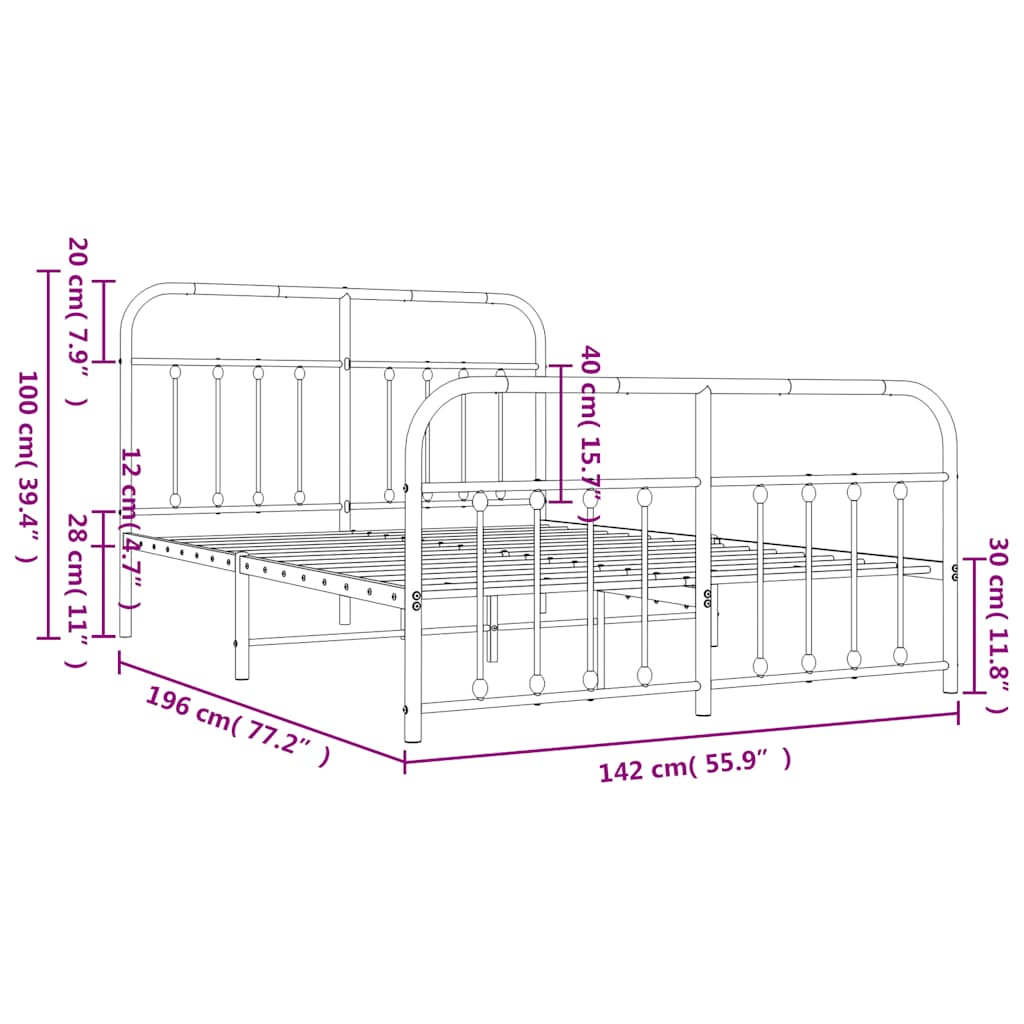 vidaXL Metalowa rama łóżka z wezgłowiem i zanóżkiem, czarna, 135x190cm