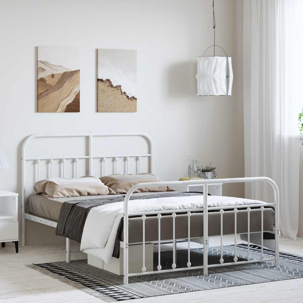 vidaXL Metalowa rama łóżka z wezgłowiem i zanóżkiem, biała, 135x190 cm