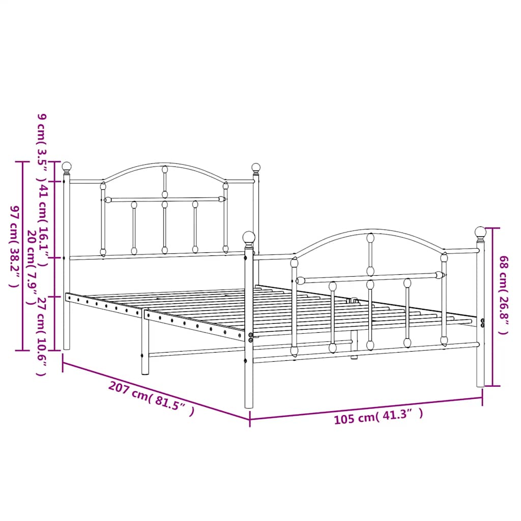 vidaXL Metalowa rama łóżka z wezgłowiem i zanóżkiem, biała, 100x200 cm