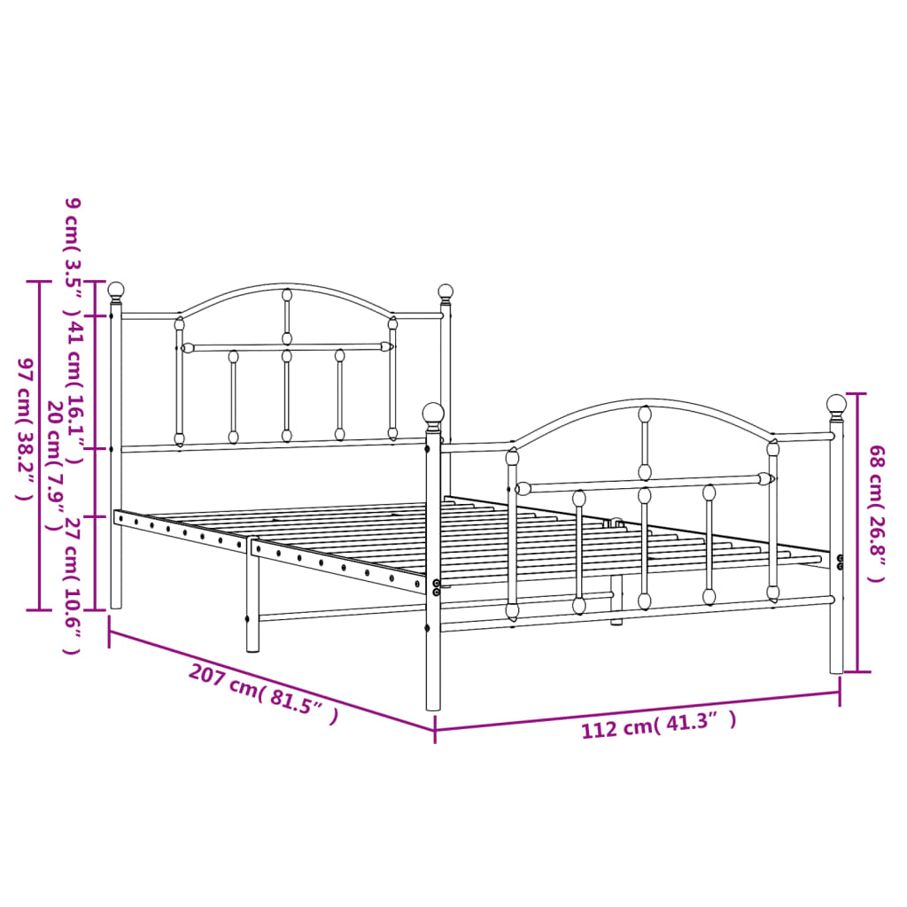 vidaXL Metalowa rama łóżka z wezgłowiem i zanóżkiem, biała, 107x203 cm