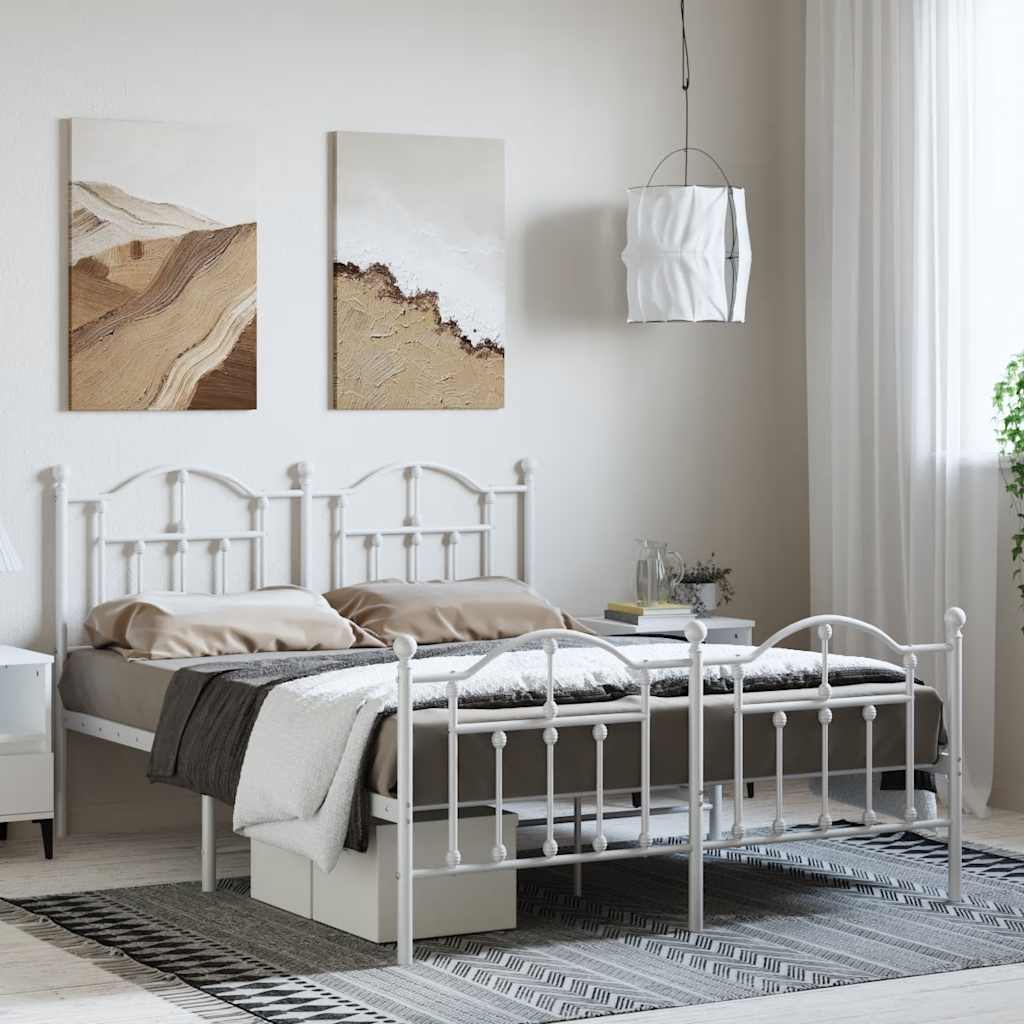 vidaXL Metalowa rama łóżka z wezgłowiem i zanóżkiem, biała, 135x190 cm