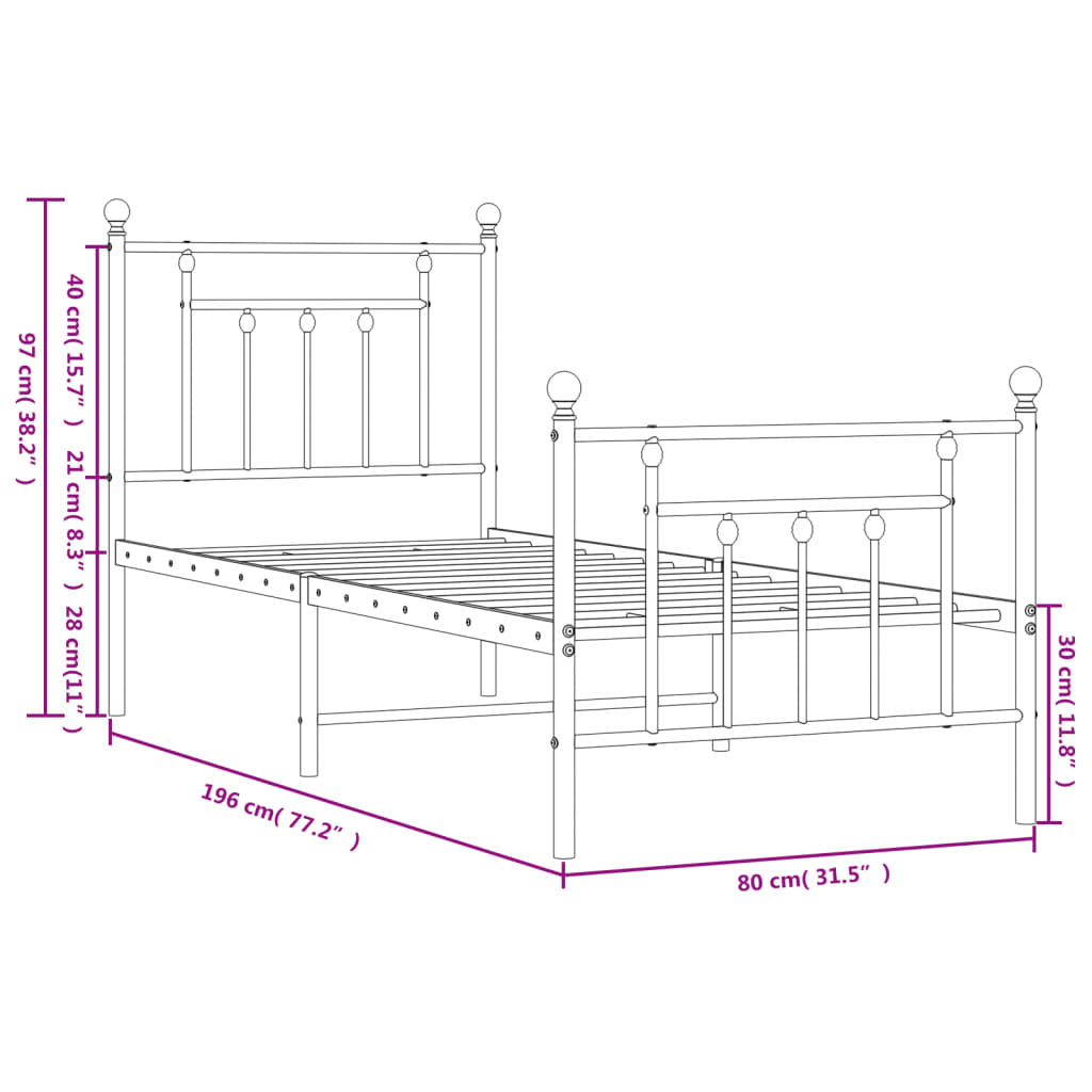 vidaXL Metalowa rama łóżka z wezgłowiem i zanóżkiem, czarna, 75x190 cm