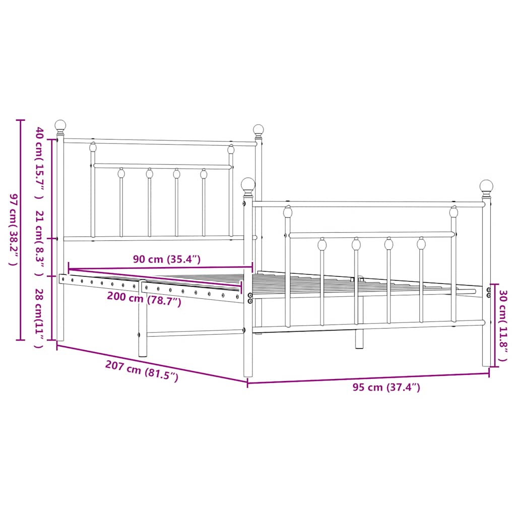 vidaXL Metalowa rama łóżka z wezgłowiem i zanóżkiem, czarna, 90x200 cm
