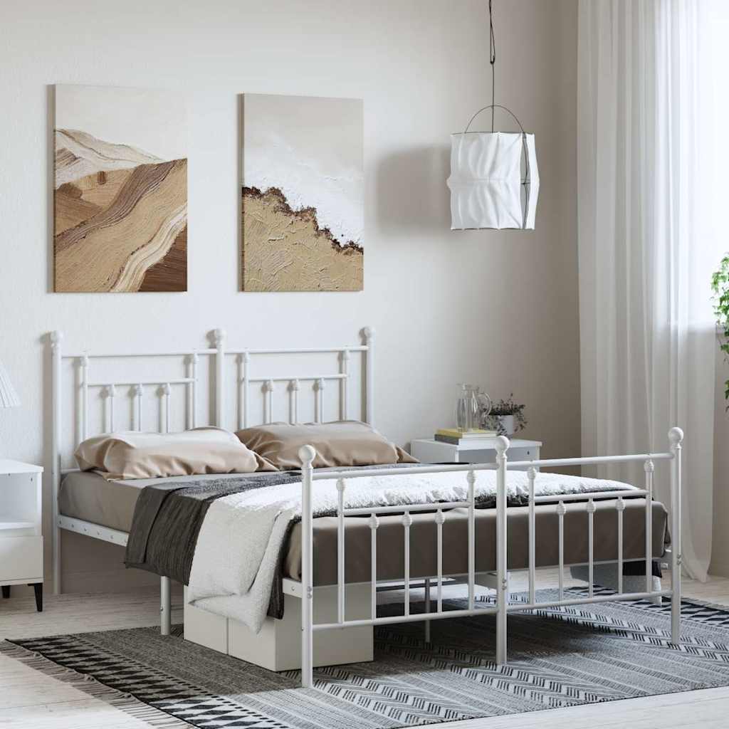 vidaXL Metalowa rama łóżka z wezgłowiem i zanóżkiem, biała, 150x200 cm