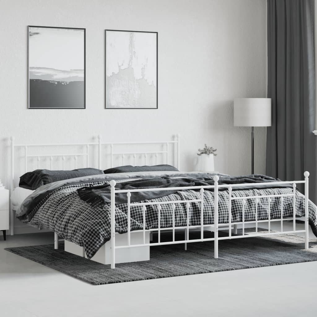 vidaXL Metalowa rama łóżka z wezgłowiem i zanóżkiem, biała, 200x200 cm