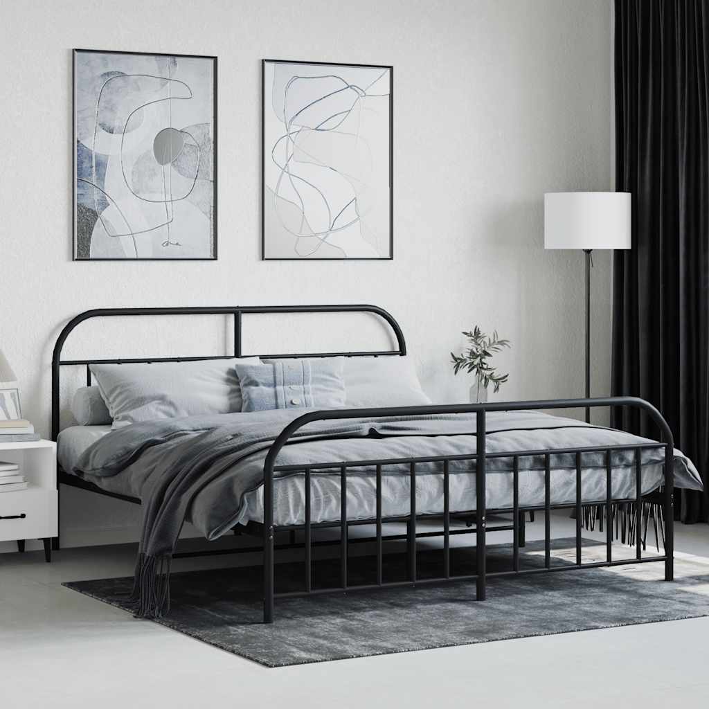 vidaXL Metalowe łóżko z zanóżkiem, bez materaca, czarne, 160x200 cm