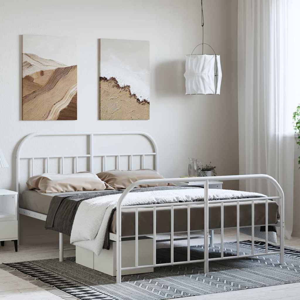 vidaXL Metalowa rama łóżka z wezgłowiem i zanóżkiem, biała, 135x190 cm