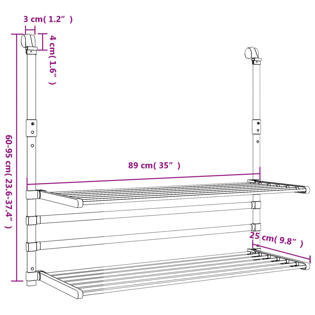 vidaXL Suszarka balkonowa na pranie, 89x25x(60-95) cm, aluminium