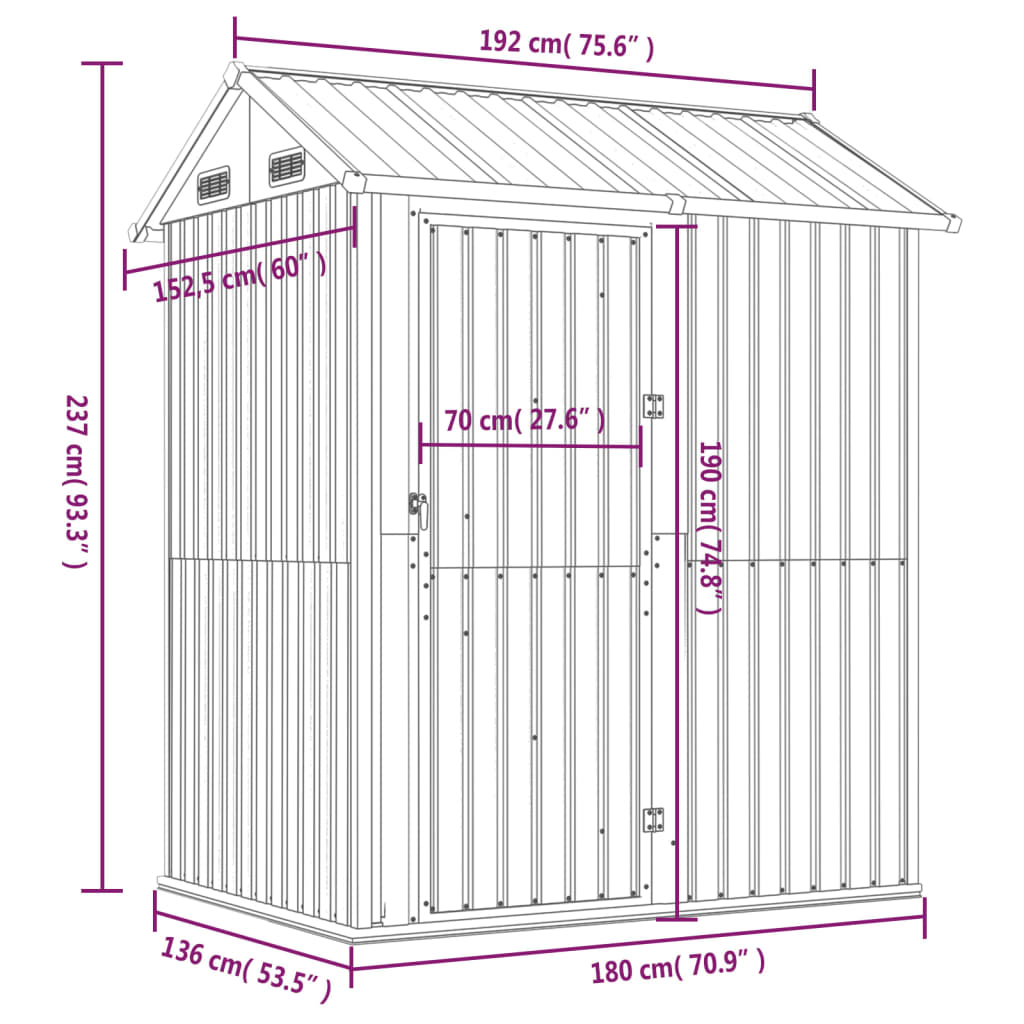 vidaXL Domek ogrodowy antracytowy 192x152,5x237 cm ocynkowana stal